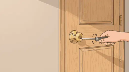 hand using a screwdriver to tighten a loose brass doorknob on a door (1)