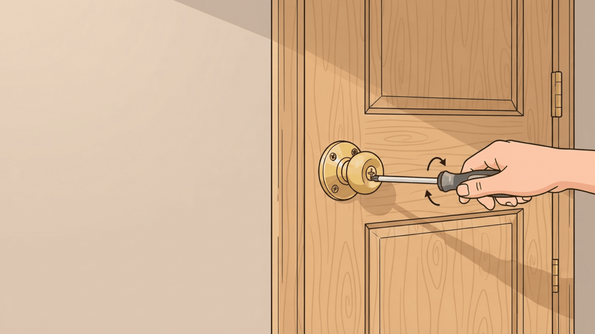 hand using a screwdriver to tighten a loose brass doorknob on a door (1)