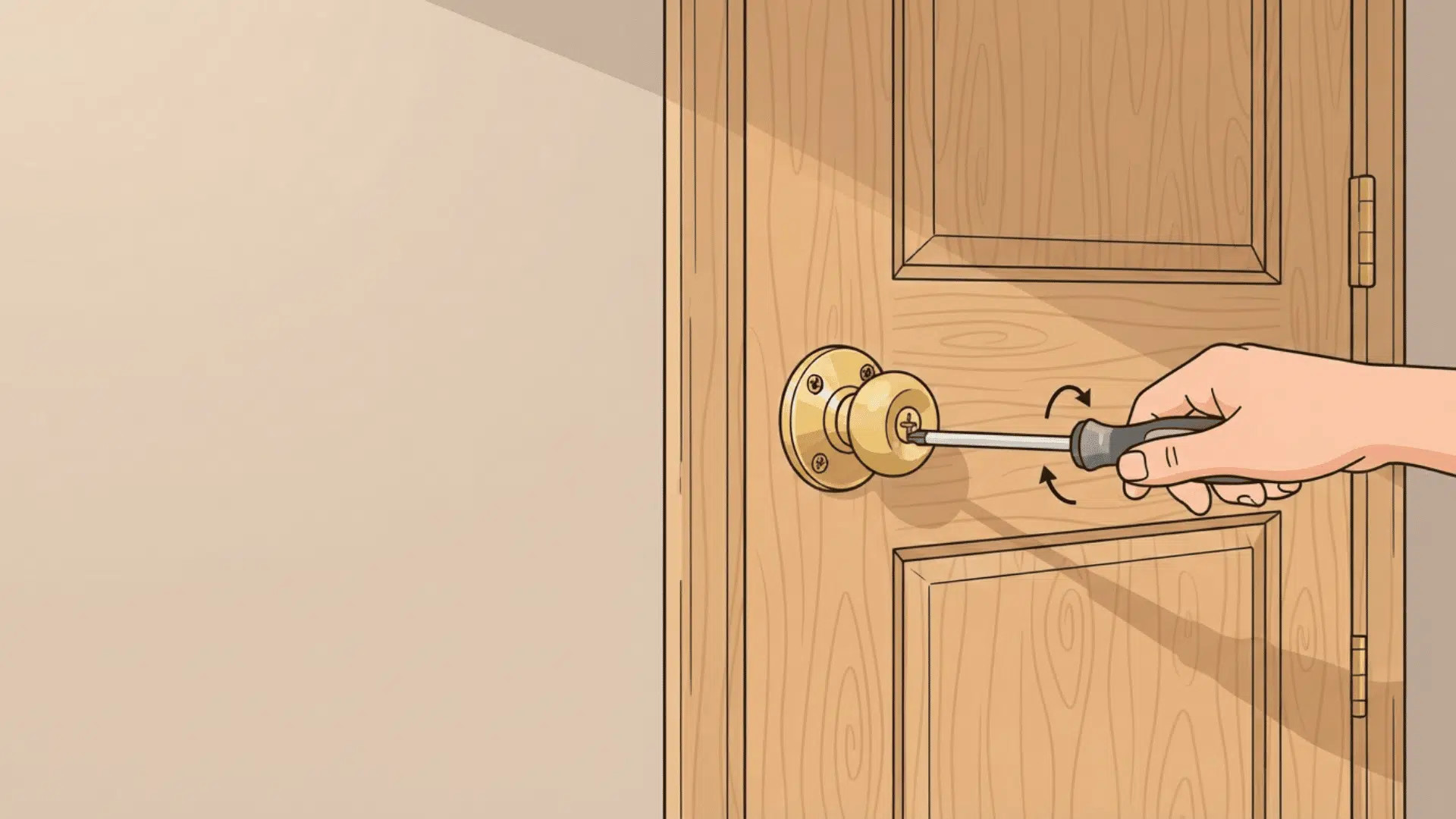 hand using a screwdriver to tighten a loose brass doorknob on a door (1)