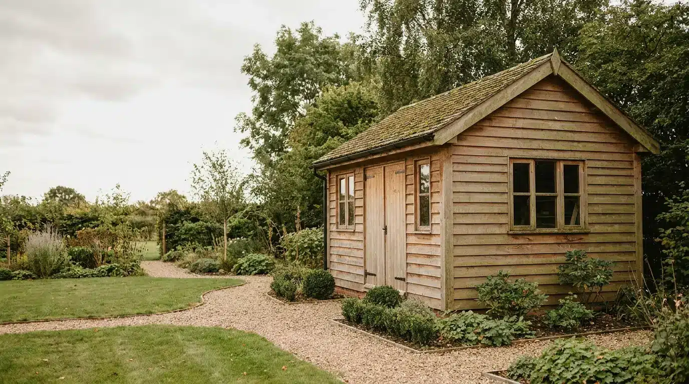 Wooden garden shed with gravel path surrounded by lush greenery and trees
