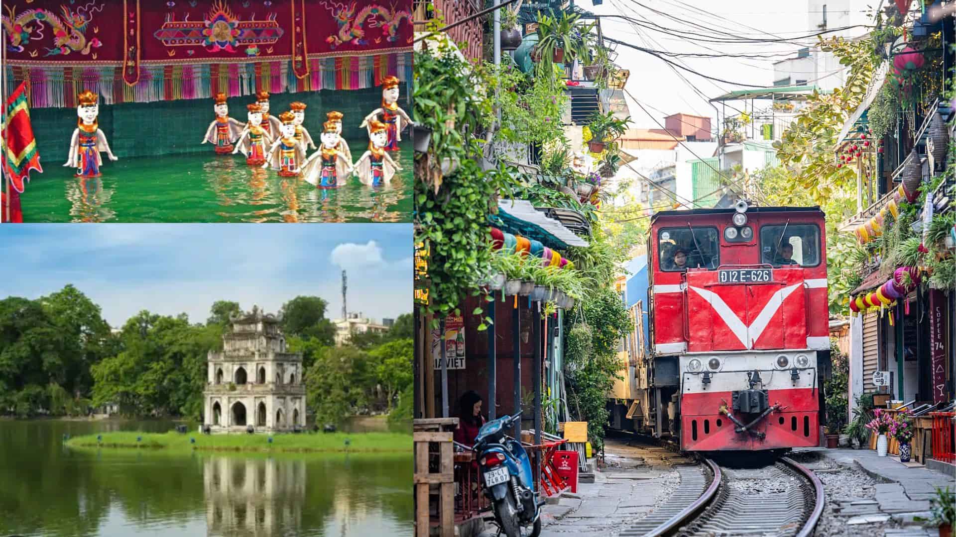 hanoi vietnam collage featuring train street, hoan kiem lake and traditional water puppets