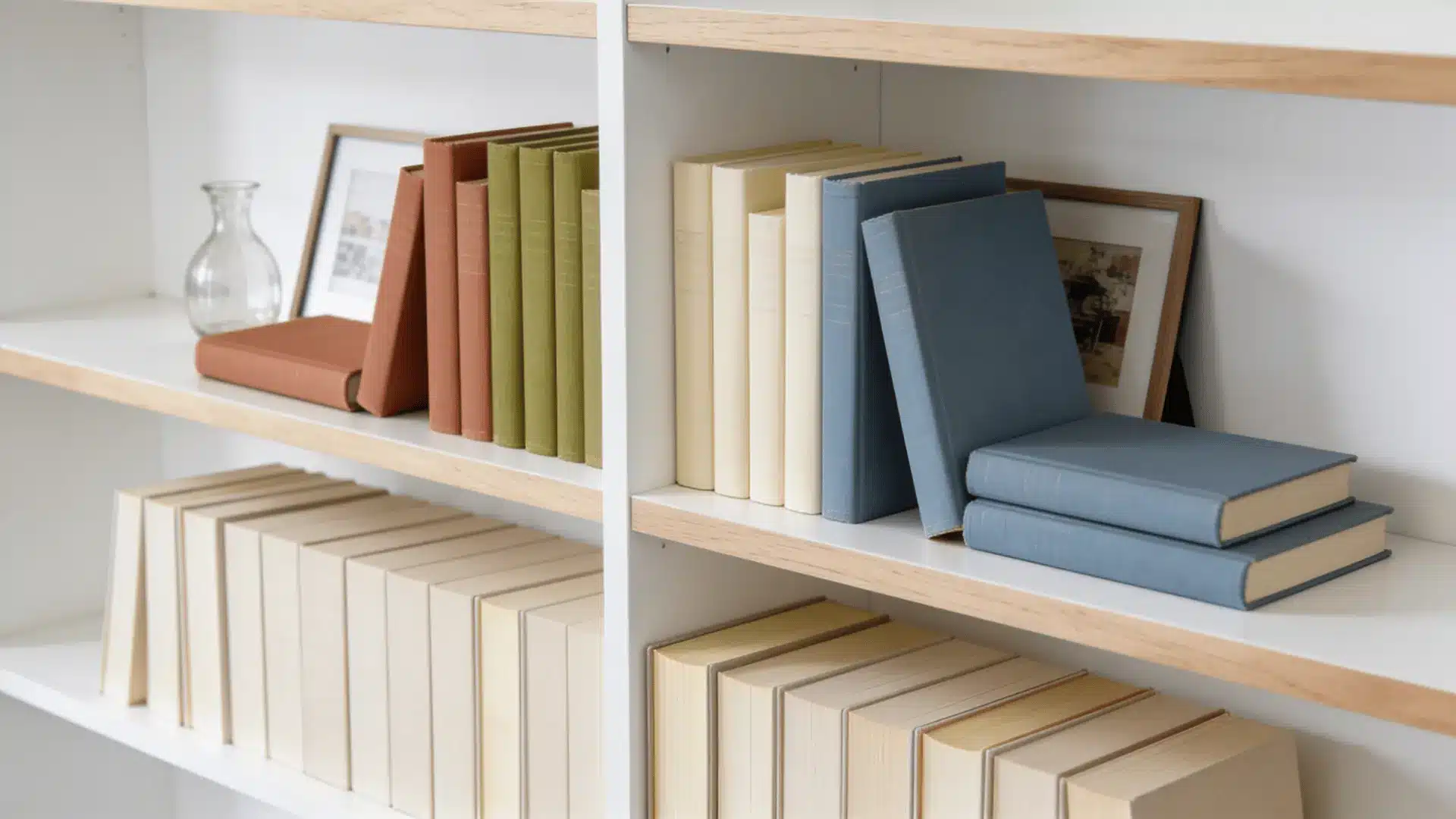 stacked books styled on living room shelves with warm neutral decor