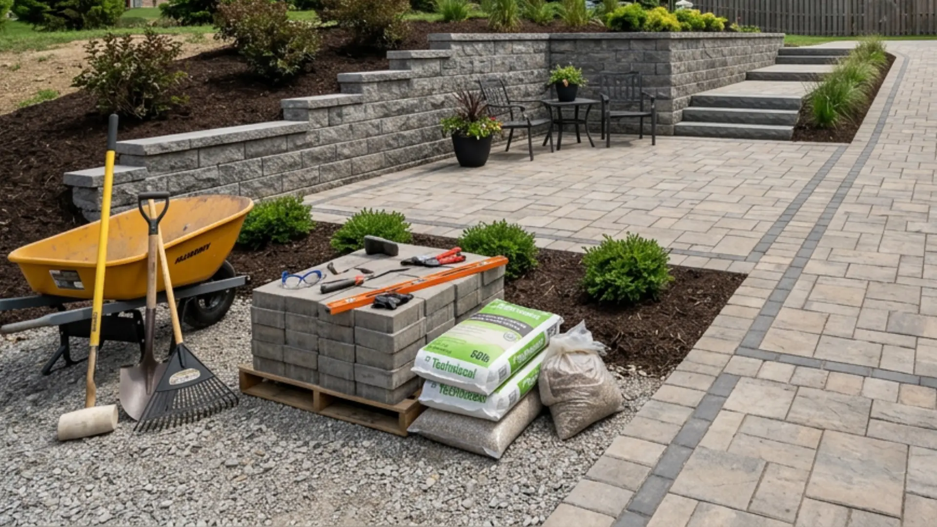 photo of newly built stone patio with retaining wall and paver driveway construction