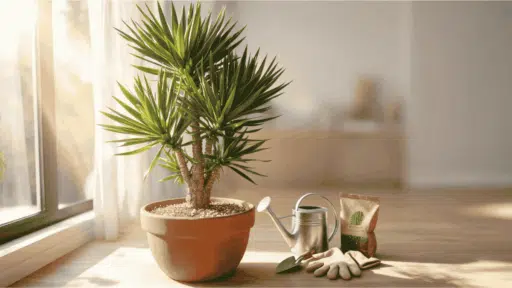 healthy indoor yucca planting in a room with sunlight watering and well draining soil