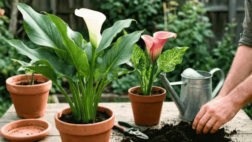 healthy white and pink calla lilies growing in pots on a bright patio with simple gardening tools
