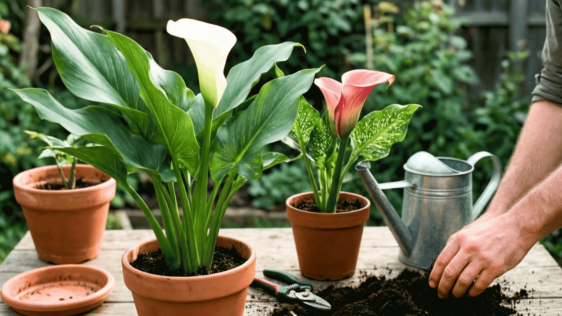 healthy white and pink calla lilies growing in pots on a bright patio with simple gardening tools