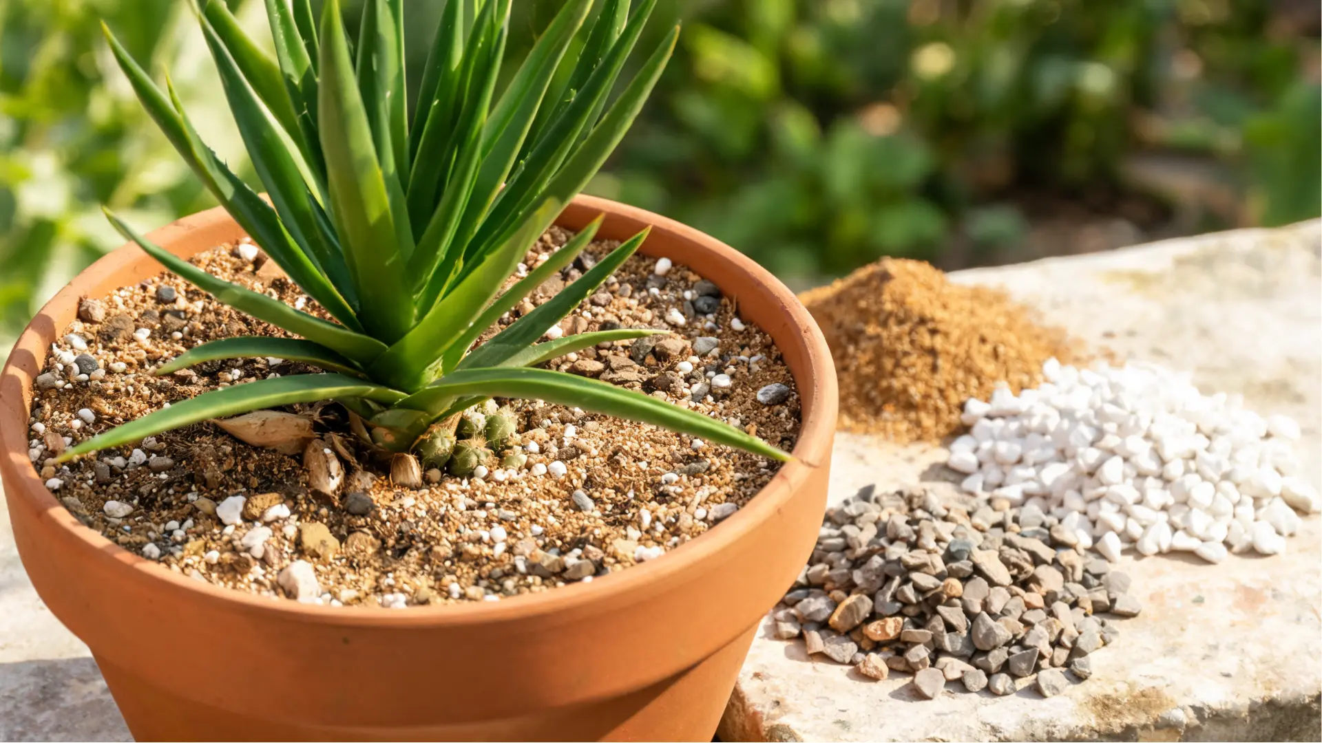 healthy yucca growing in sandy well draining soil with perlite and gravel mix int sunlight