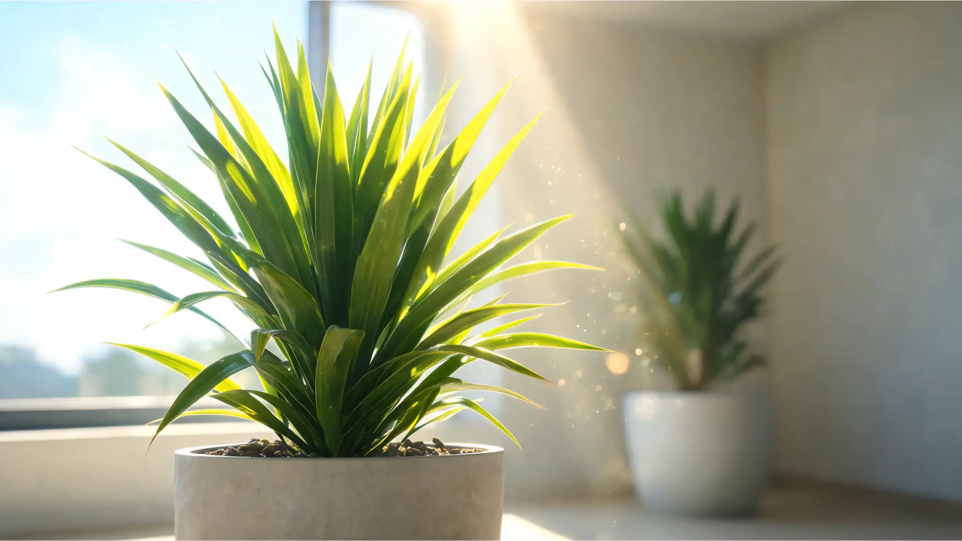 healthy yucca plant growing in bright natural sunlight near a sunny window in a closed room
