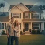 Couple standing concerned in front of house with visible roof damage and leaking pipes