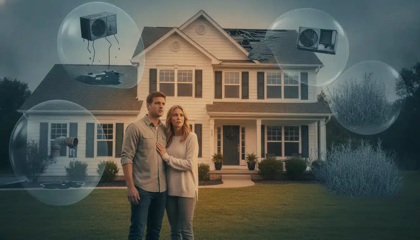 Couple standing concerned in front of house with visible roof damage and leaking pipes