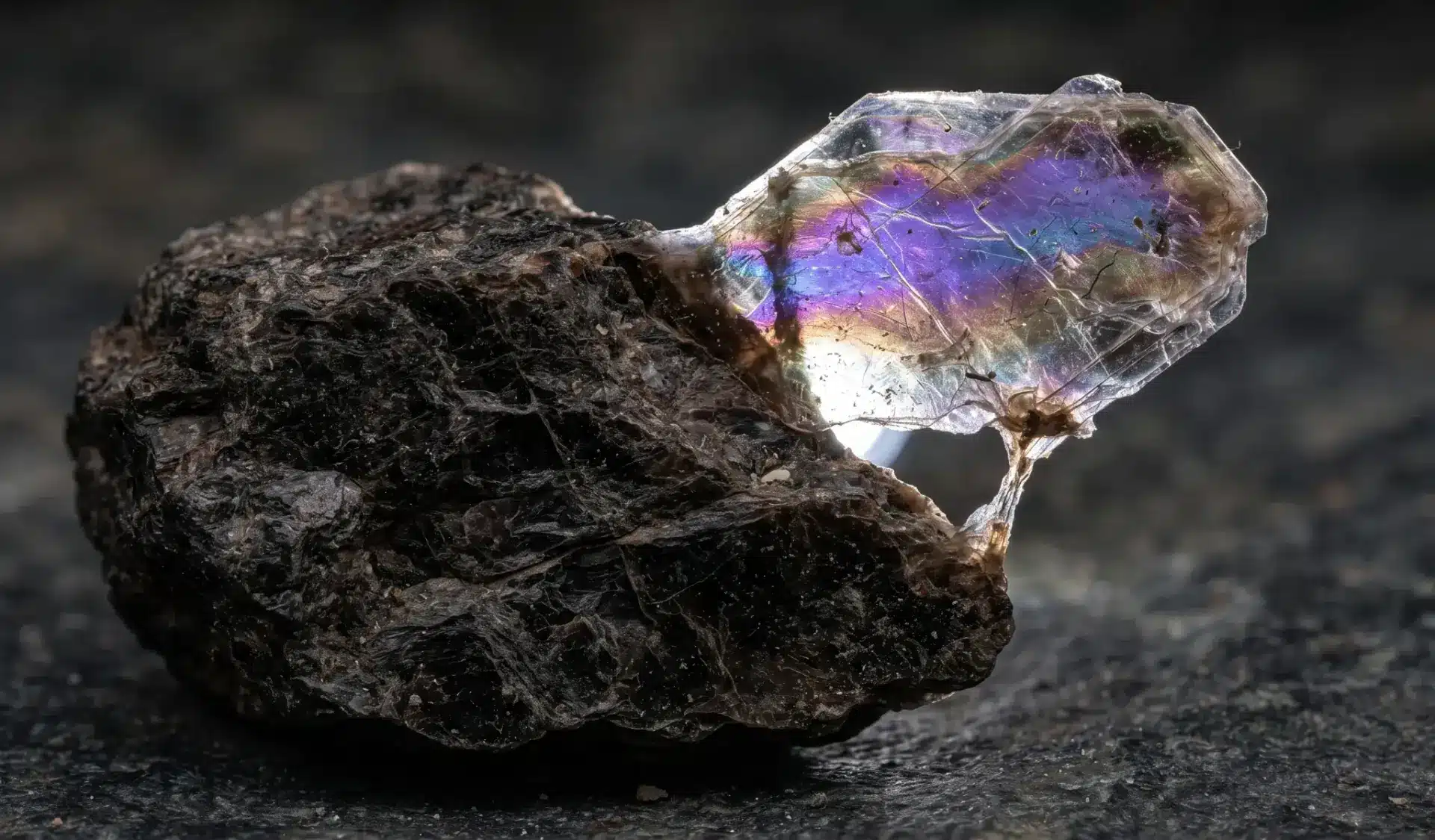 Rough mineral specimen with iridescent hues on a textured stone surface