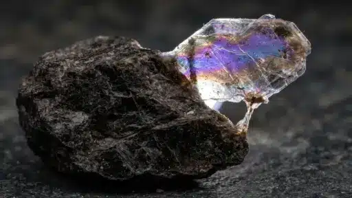 Rough mineral specimen with iridescent hues on a textured stone surface