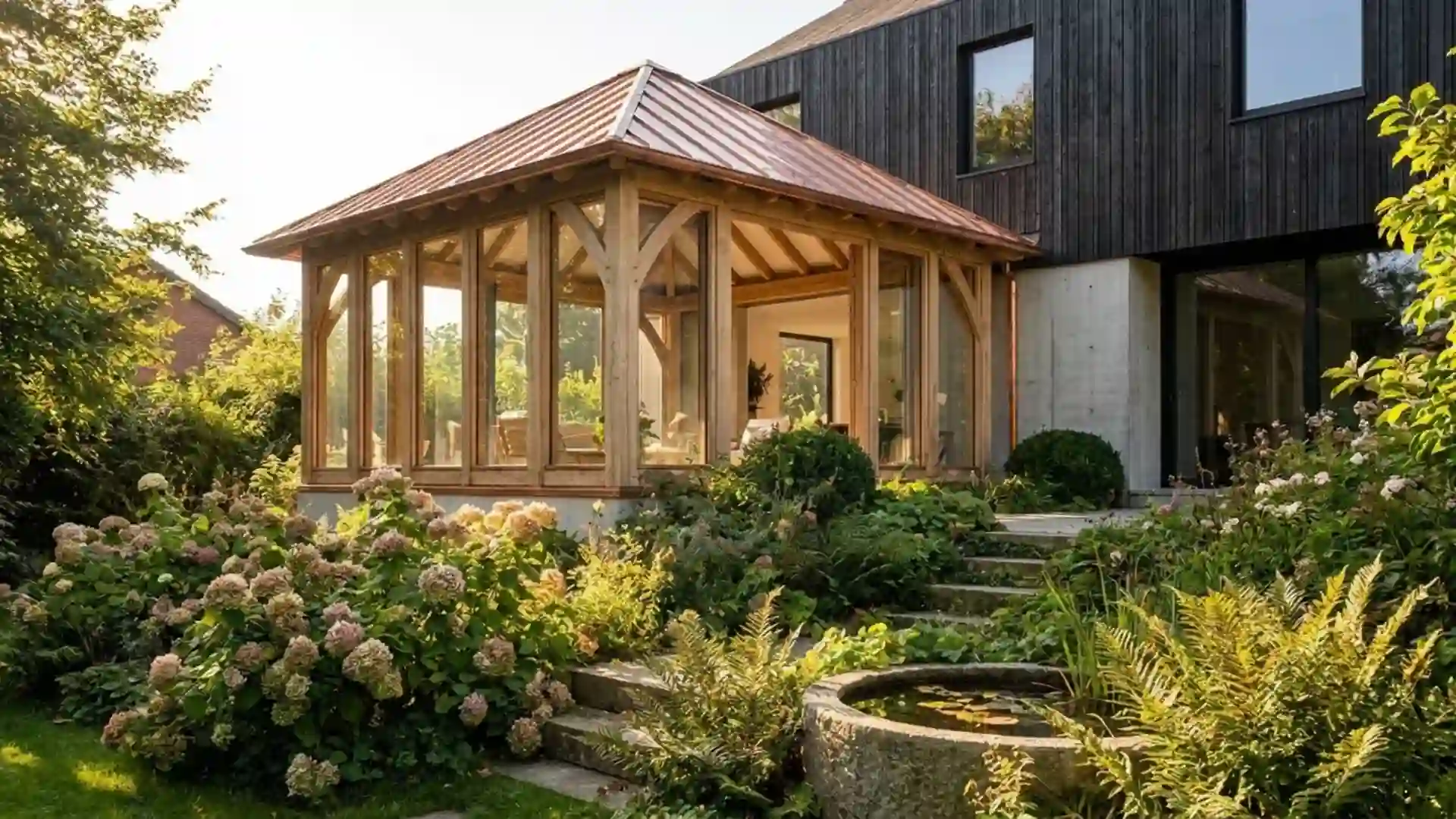 sunroom with a four-sided hip roof blending seamlessly into a home's exterior architecture