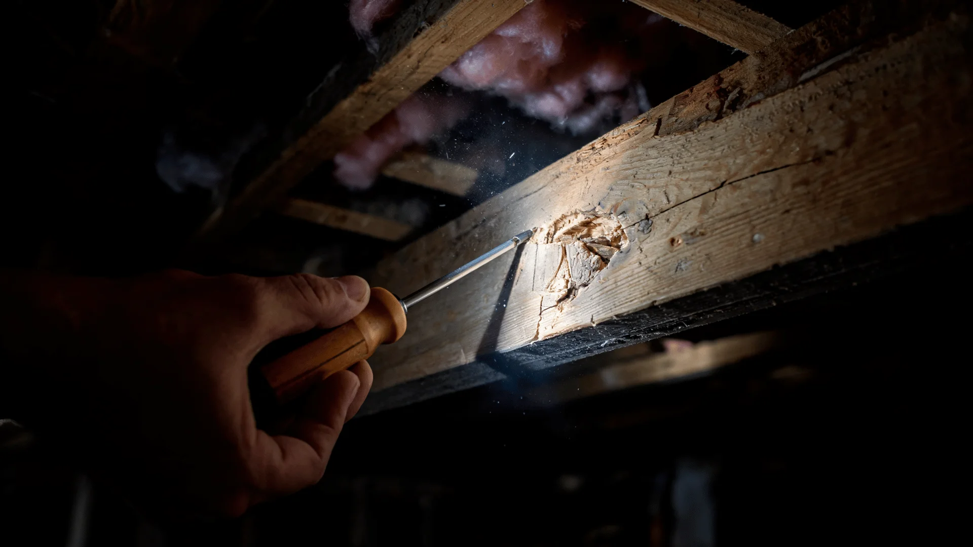 inspector tapping a hollow attic beam while checking for hidden termite damage