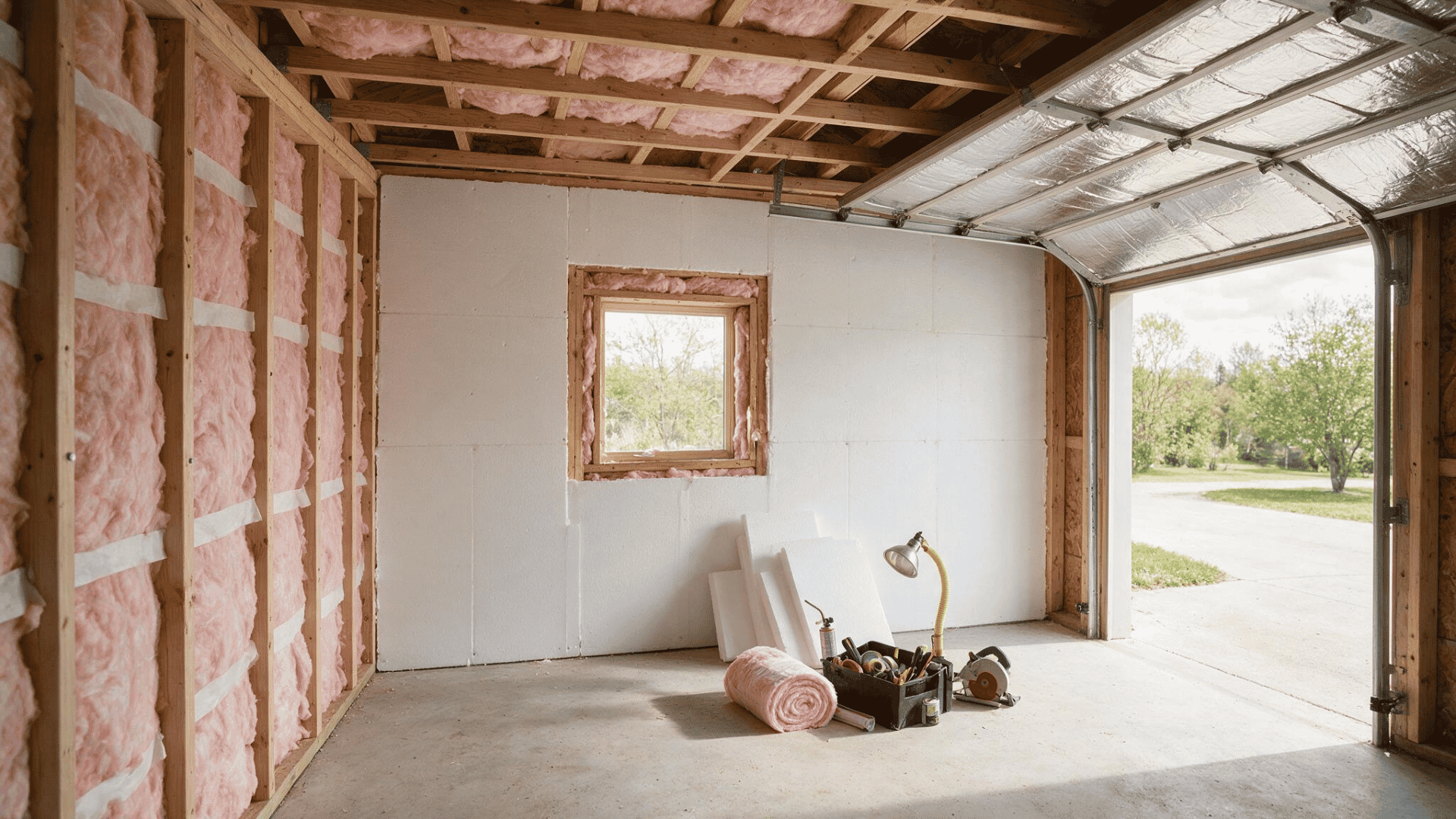 homeowner using diy garage insulation methods including batt insulation foam board garage door panels and air sealing in an unfinished garage