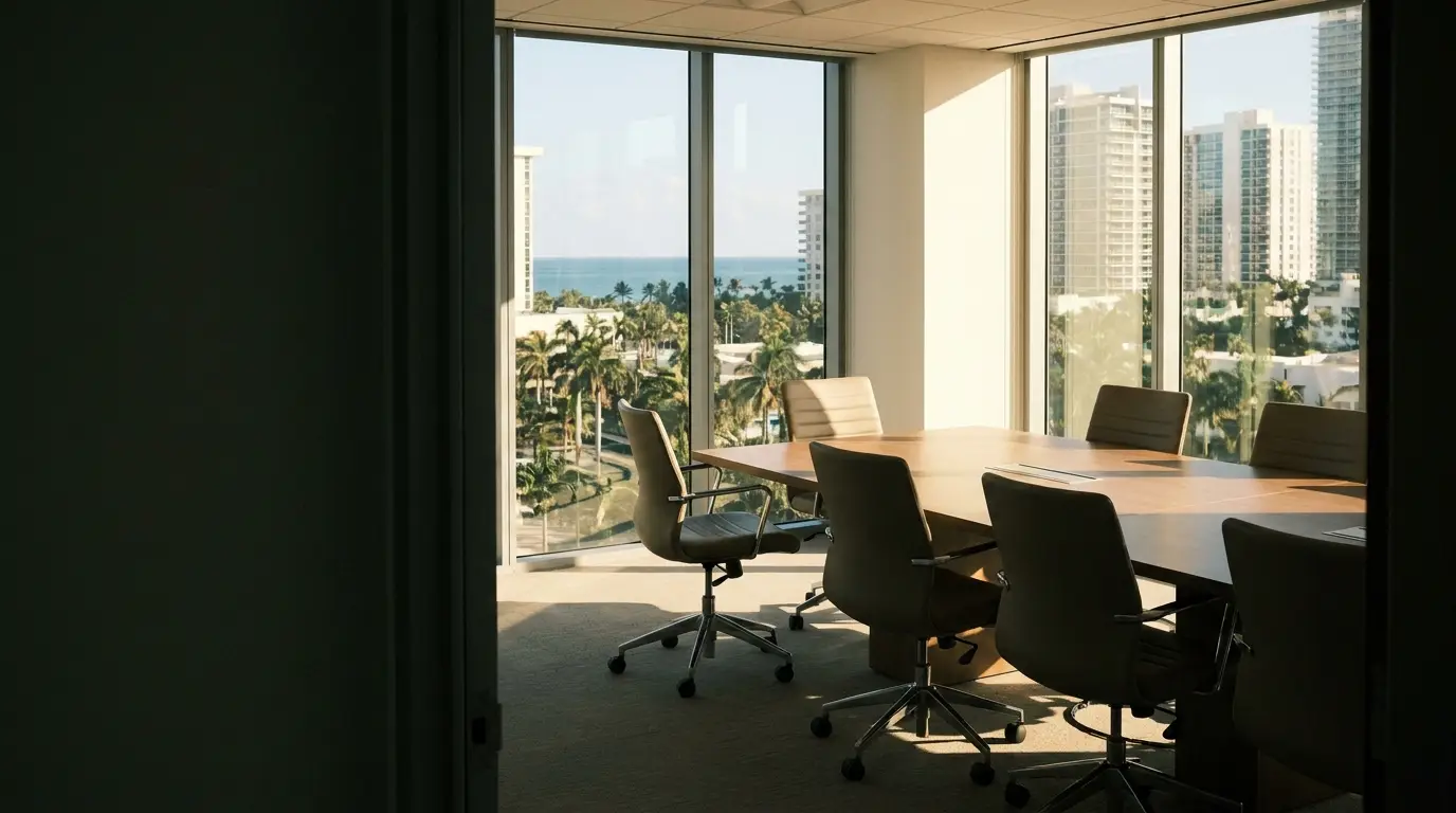 Sunlit conference room with modern chairs around wooden table, large windows overlooking cityscape