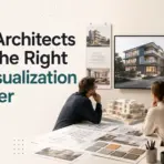 Architects discussing a modern building design in a conference room with 3D model and mood board