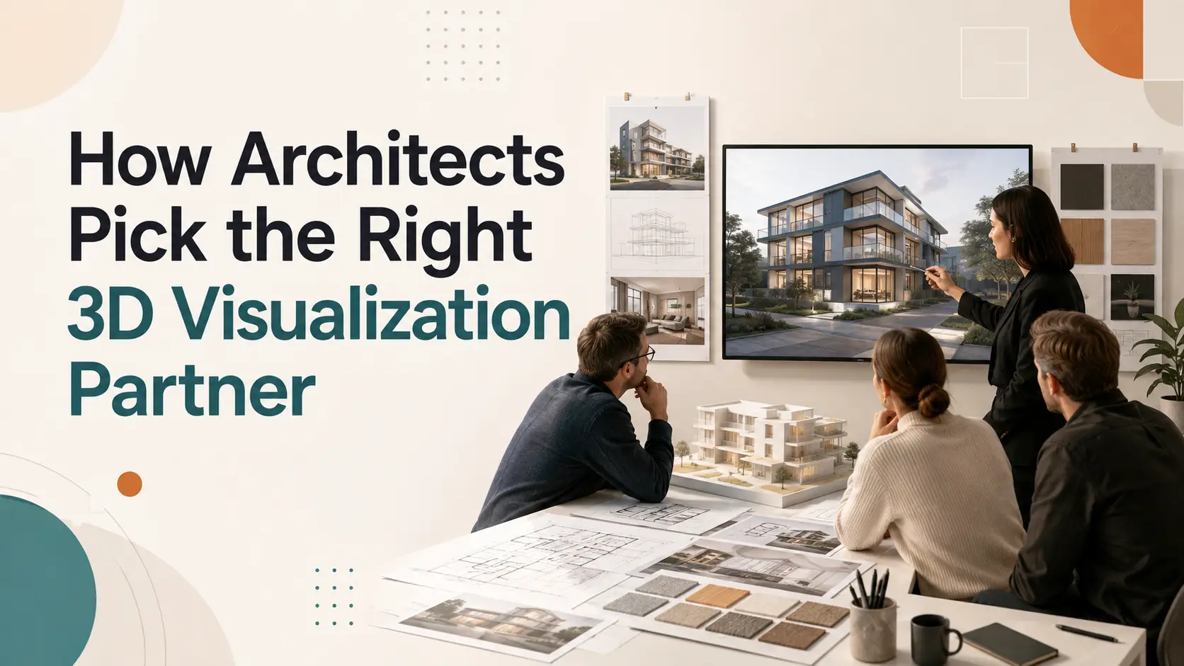 Architects discussing a modern building design in a conference room with 3D model and mood board