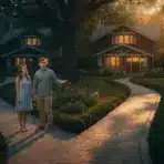 Couple standing on a garden path at sunset outside a craftsman-style house