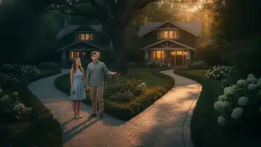 Couple standing on a garden path at sunset outside a craftsman-style house