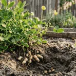 peanut plant flowering above loose garden soil with mature pods forming underground on thin pegs