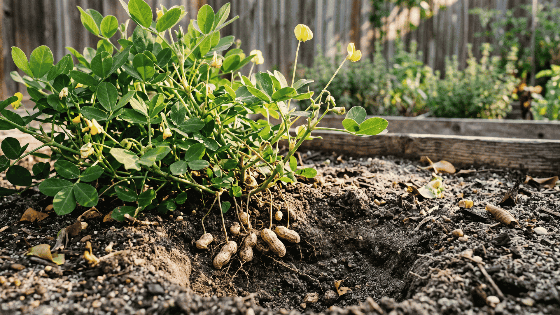peanut plant flowering above loose garden soil with mature pods forming underground on thin pegs