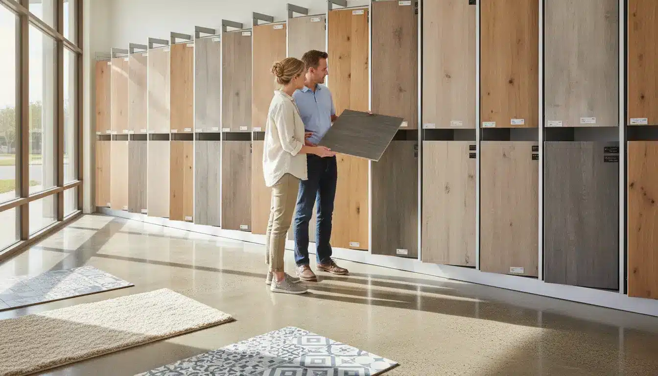 Couple examining wood flooring samples in a well-lit showroom with large windows