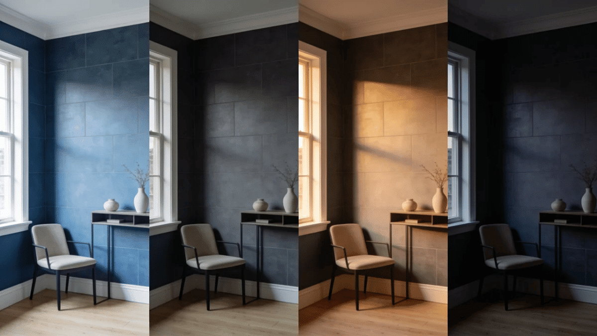 four views show a slate blue-gray wall shifting from cool daylight to warm evening light.