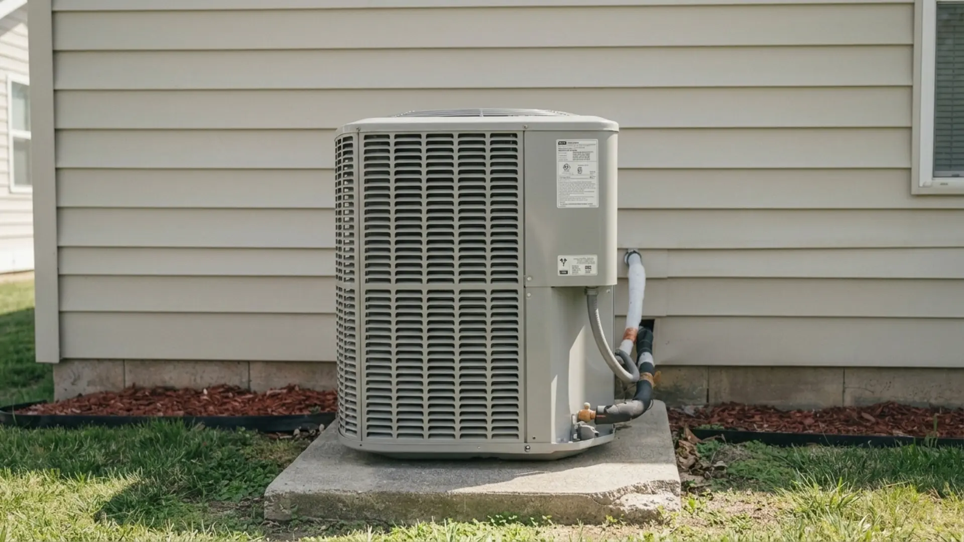outdoor ac condenser unit on concrete pad beside beige house siding with mulch and grass in backyard