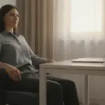 Woman sitting in ergonomic chair at desk with laptop and small plant