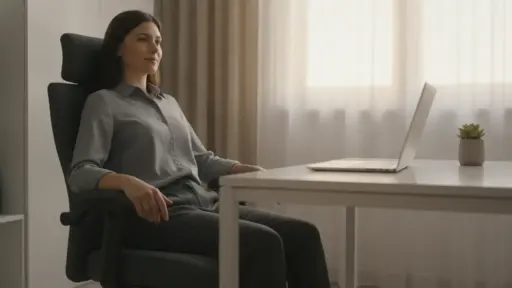Woman sitting in ergonomic chair at desk with laptop and small plant