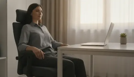 Woman sitting in ergonomic chair at desk with laptop and small plant