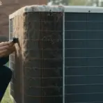 Technician cleaning debris from outdoor air conditioning unit in a green lawn setting