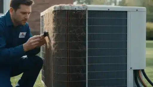 Technician cleaning debris from outdoor air conditioning unit in a green lawn setting