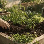 healthy vegetable garden with compost and nitrogen sources being added to rich garden soil