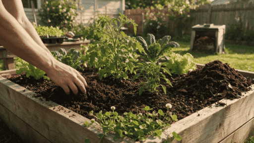 healthy vegetable garden with compost and nitrogen sources being added to rich garden soil