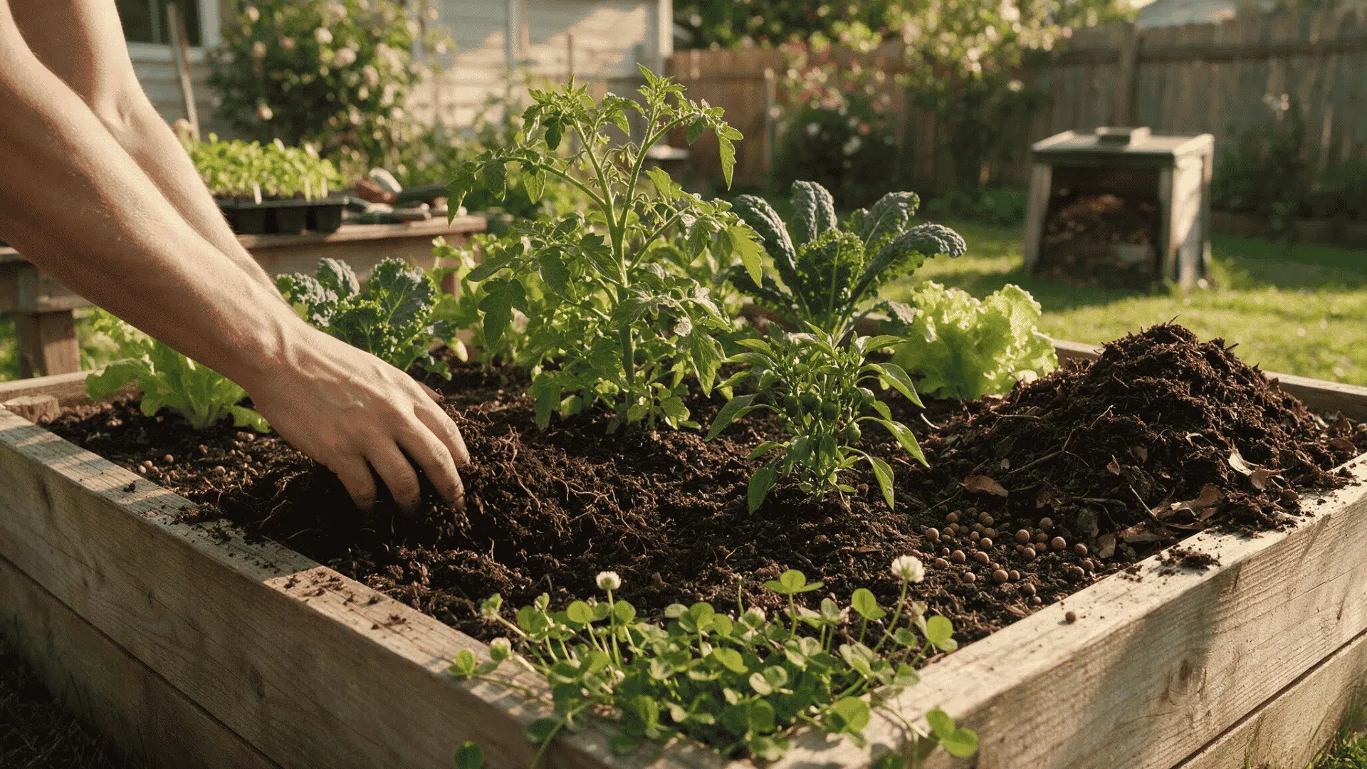 healthy vegetable garden with compost and nitrogen sources being added to rich garden soil