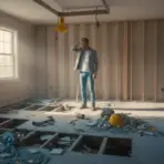 Man standing in partially renovated room with exposed beams and construction tools scattered on floor