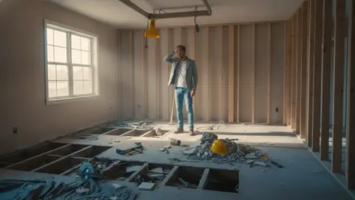 Man standing in partially renovated room with exposed beams and construction tools scattered on floor