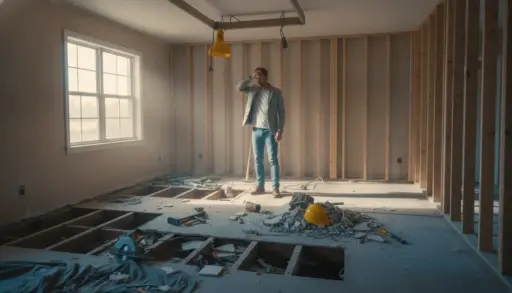 Man standing in partially renovated room with exposed beams and construction tools scattered on floor