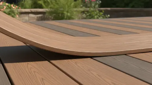 Close-up of curved composite decking in an outdoor patio with wooden texture and plants in background