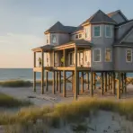 Beachfront house on stilts at sunset with two workers on porch