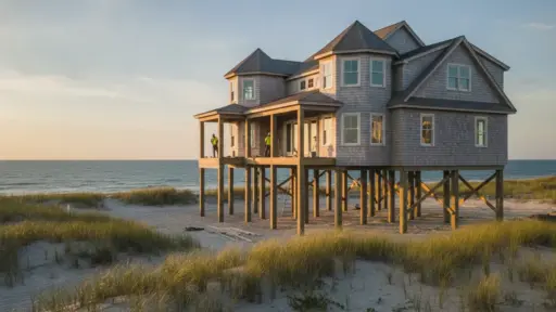 Beachfront house on stilts at sunset with two workers on porch
