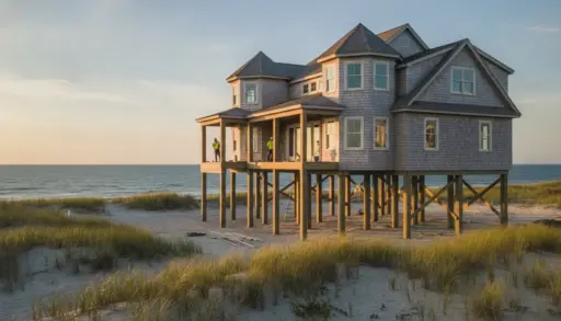 Beachfront house on stilts at sunset with two workers on porch