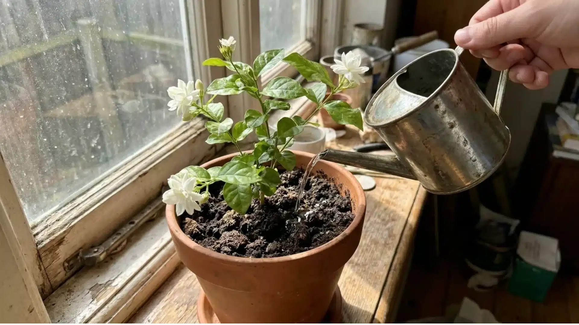 man watering a potted jasmine plant with white blooms on a sunny windowsill using a metal can