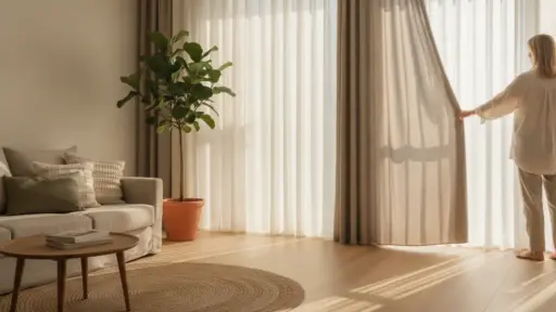 Woman opening curtains in sunlit living room with beige sofa and potted plant