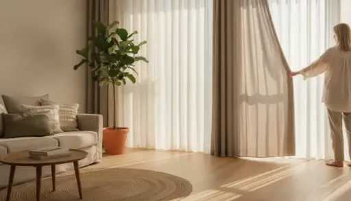 Woman opening curtains in sunlit living room with beige sofa and potted plant