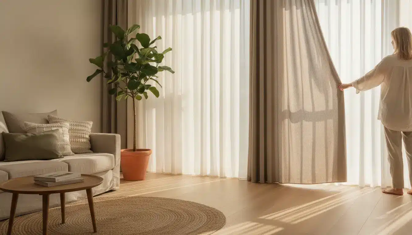 Woman opening curtains in sunlit living room with beige sofa and potted plant