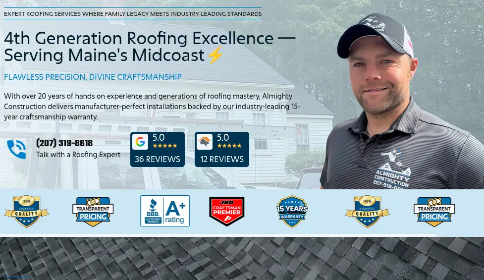 Man in company-branded shirt and cap standing outside a house with roofing insignia and icons