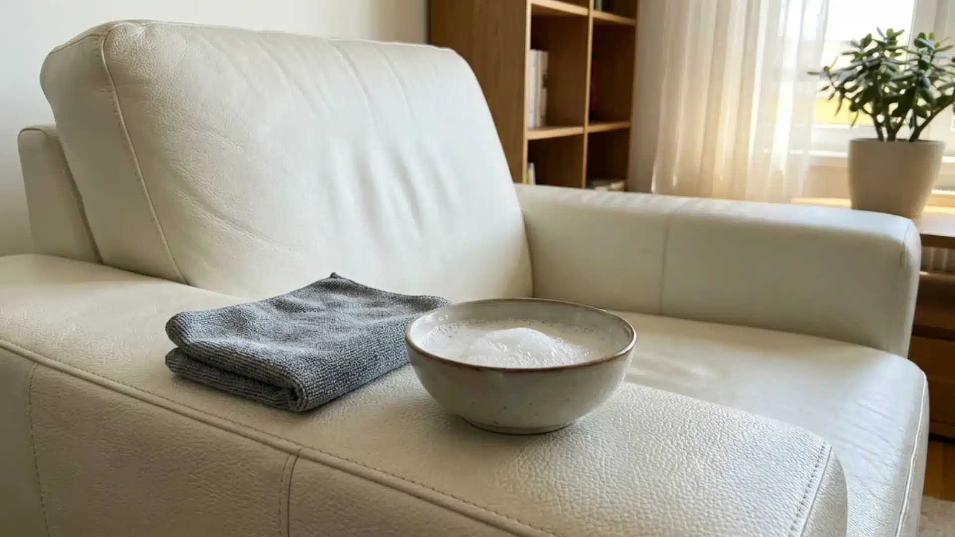 white leather couch with a bowl of soapy water and folded cloth on the armrest